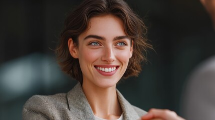The image features a smiling young woman in business attire, looking towards the side with an approachable and professional demeanor.