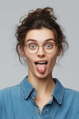 The girl has glasses, her hair is pulled back and she wears a denim jacket.