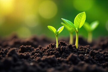 Fototapeta premium Close-up of sprouting seedlings pushing through rich soil, representing the powerful growth and potential of nature , ecology, plant, ecological balance