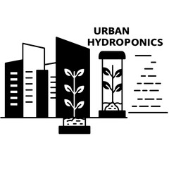 Flat icon depicting urban hydroponics with plants growing in buildings. Modern vertical farming concept for sustainable agriculture
