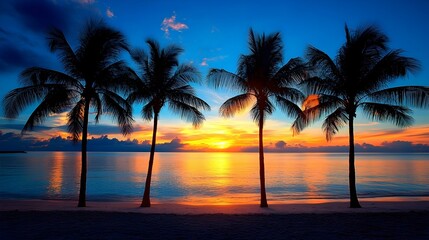 Obraz premium Tropical sunset beach palms silhouette