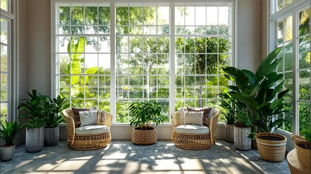 Serene sunroom filled with indoor plants and soft morning sunlight. 