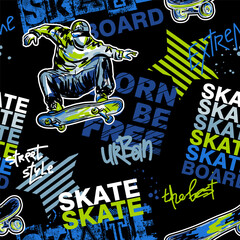 Urban style modern t-shirt  design with boy on skateboard. Sport extreme grunge  illustration for guys on black background. Graffiti words and street art