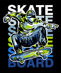 Urban style modern t-shirt  design with boy on skateboard. Sport extreme grunge  illustration for guys on black background. Graffiti words and street art