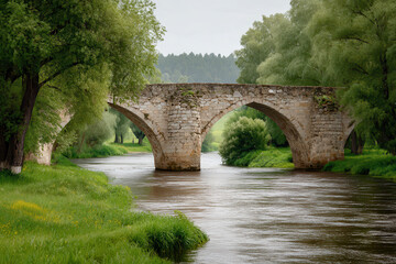 Fototapeta premium serene view of ancient bridges in izhvesk emphasizing intricate surface textures and lush greenery surrounding them