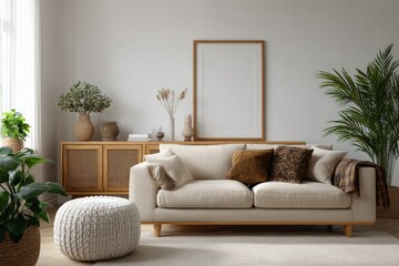 Scandinavian design, light-colored sofa and armchair with modern pillows, mirror wall decor, potted plants for greenery, minimalistic style.