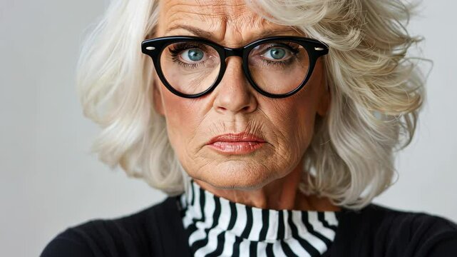 Image: Intense Gaze of Experience: A close-up portrait of a sophisticated senior woman with sharp, expressive eyes and a stern expression, exuding wisdom and character.