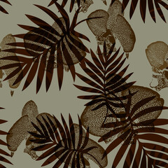 Earth tones tropical exotic flowers with leaves on khaki background. Floral botanical illustration for bedding, home textile, package, fabric. Rapport illustration.