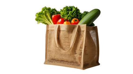 Reusable jute shopping bag filled with fresh vegetables like carrots, bell peppers, lettuce, and tomatoes, isolated on a transparent PNG background, ideal for eco lifestyle themes