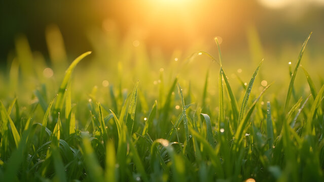 Blades of grass with morning dew. Ultra realistic nature scene. Golden light at sunrise. Beautiful close-up of dew on grass.