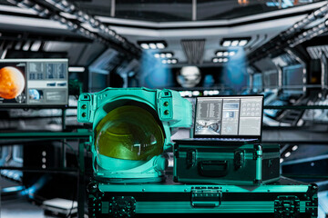 Space helmet next to laptop in spaceship showing core performance diagnostics during orbital flight. Astronaut equipment prepared for planetary expedition and notebook displaying spaceship readouts