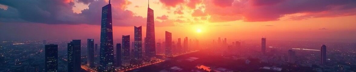 Obraz premium A futuristic cityscape at sunset, gleaming skyscrapers reaching towards a vibrant, colorful sky, symbolizing a hopeful and prosperous tomorrow , power, light