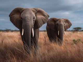 Fototapeta premium The two elephants are walking together in a grassy field with tall brown grass, under a cloudy sky.