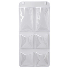 An over-the-door shoe organizer with translucent clear pvc pockets and white non-woven fabric backing, showcasing three empty pockets, isolated against a pure seamless plain white background with