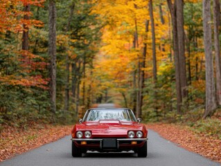 A classic red car drives down a scenic road surrounded by vibrant autumn foliage in a peaceful forest setting.