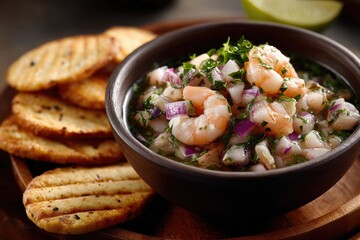 Ceviche delight moment: citrus marinade, seafood blend, lime infusion, chili essence, fresh catch, onion slice, coastal flavor, culinary tradition, tropical serving, zesty taste, cultural signature