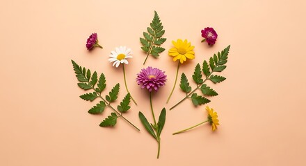 Obraz premium Floral flat lay flowers leaves nature spring summer botanical colorful blossom bloom beauty arrangement 100