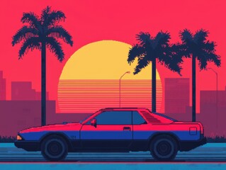 Retro car parked by palm trees with a vibrant sunset and city skyline in the background, featuring bold neon colors and a nostalgic 80s vibe.