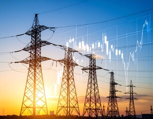 Power lines at sunset with financial charts