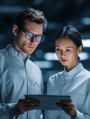 Two engineers studying a tablet with advanced data analysis software, examining trends and anomalies, suggesting innovation and problem-solving teamwork.