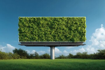 Ad promoting environmental initiatives with green foliage backdrop.