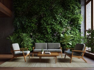This image showcases a modern and cozy living room with an indoor plant wall providing a lush, natural feel. 
