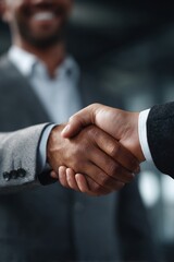 Handshake between two businessmen in a corporate office. Symbol of agreement, trust and partnership.