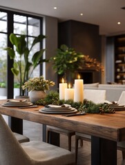 A well-set dining table with candles and floral centerpiece, showing a luxurious holiday or winter setting in a modern interior.