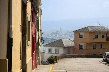 Ribadeo’s colorful town center in Galicia, Spain, viewed from the historic core, with charming...