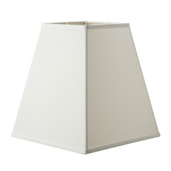Pristine off-white linen square lamp shade with minimalist lines, isolated on a transparent seamless studio background, soft even lighting creating no shadows in a 3/4 view. Concept of modern home