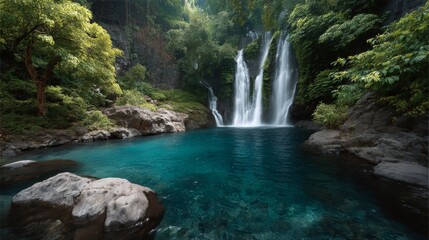 Naklejka premium Vibrant natural scene featuring a multi-tiered waterfall cascading into a clear blue lagoon. Surrounded by tropical rainforest, this location is ideal for nature lovers and adventure seekers.