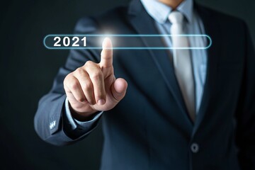 Concept of corporate transformation with finger touching progress bar toward 2026, reflecting marketing strategy, business planning, innovation trends, and digital leadership for the future. 