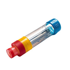Colorful inhaler designed for medication delivery, featuring transparent body and distinct colored caps. This device is essential for individuals with respiratory conditions, providing ease of use