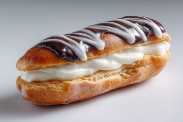 Chocolate-covered donut filled with white cream, drizzled with chocolate sauce, and topped with sprinkles.