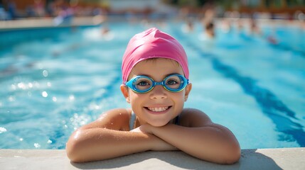 cute kid wearing swimming goggles for swimming class | summer, vacation, swimming pool concept