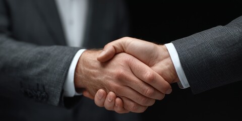 Obraz premium Two businessmen in suits shaking hands over a desk. Concept of partnership and agreement.