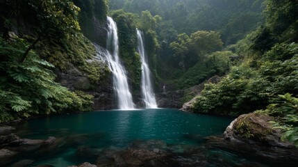 Lush rainforest surrounds a cascading waterfall and serene pool of blue water. Greenery, outdoor adventure, isolated nature spot.