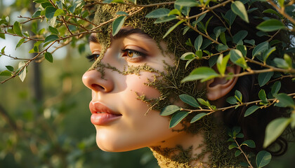 Woman with foliage and moss on face, gazing thoughtfully in nature  