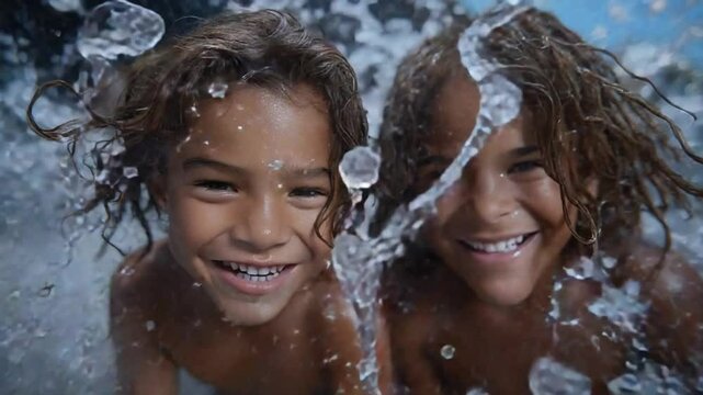Joyful Hair Flipping with Water Arcs in Slow Motion