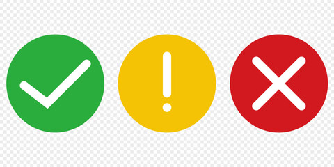 Vector round check mark, exclamation point, x mark signs
