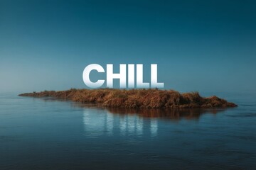 A tranquil island scene with the word 'CHILL' prominently displayed, emphasizing a calm and relaxing atmosphere.