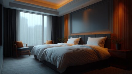 Upscale hotel room with beds and nightstands.