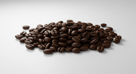 Naklejka premium Close-up of a pile of roasted coffee beans on a clean, white background
