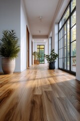 Obraz premium Large living space with wooden floors, natural light and plants.
