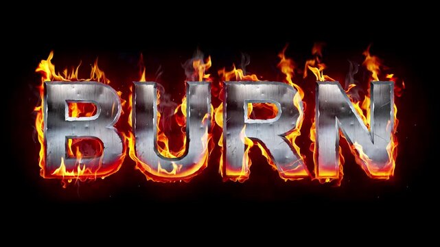 Burn - burning metal sign, letters with fire effect isolated on black background