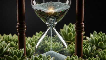 Sand made of recycled electronics flowing through an hourglass onto  growing succulents below. Rusted metal frame vs. vibrant plants.  - 1