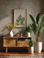 This is an interior shot featuring a modern home decor setup with green plants. 