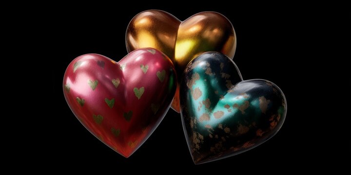 Collection of three hearts in different colors and patterns