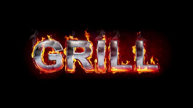 Grill - burning metal sign, letters with fire effect isolated on black background