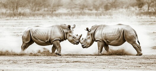Fototapeta premium The African savannah near Lake Nakuru is the setting for a dramatic confrontation between two white rhinos, which quickly escalates into a fight